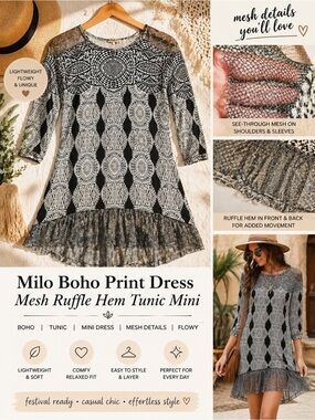 Milo Boho Print Dress Mesh Ruffle Hem Tunic Mini Medium